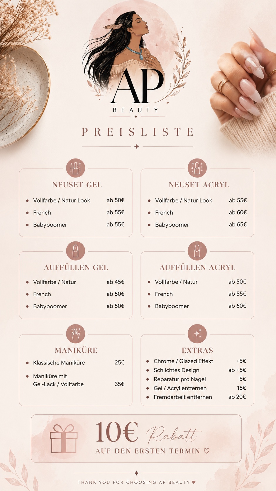 AP Beauty Preisliste mit Eröffnungsangebot: 10 Euro Rabatt auf den ersten Termin