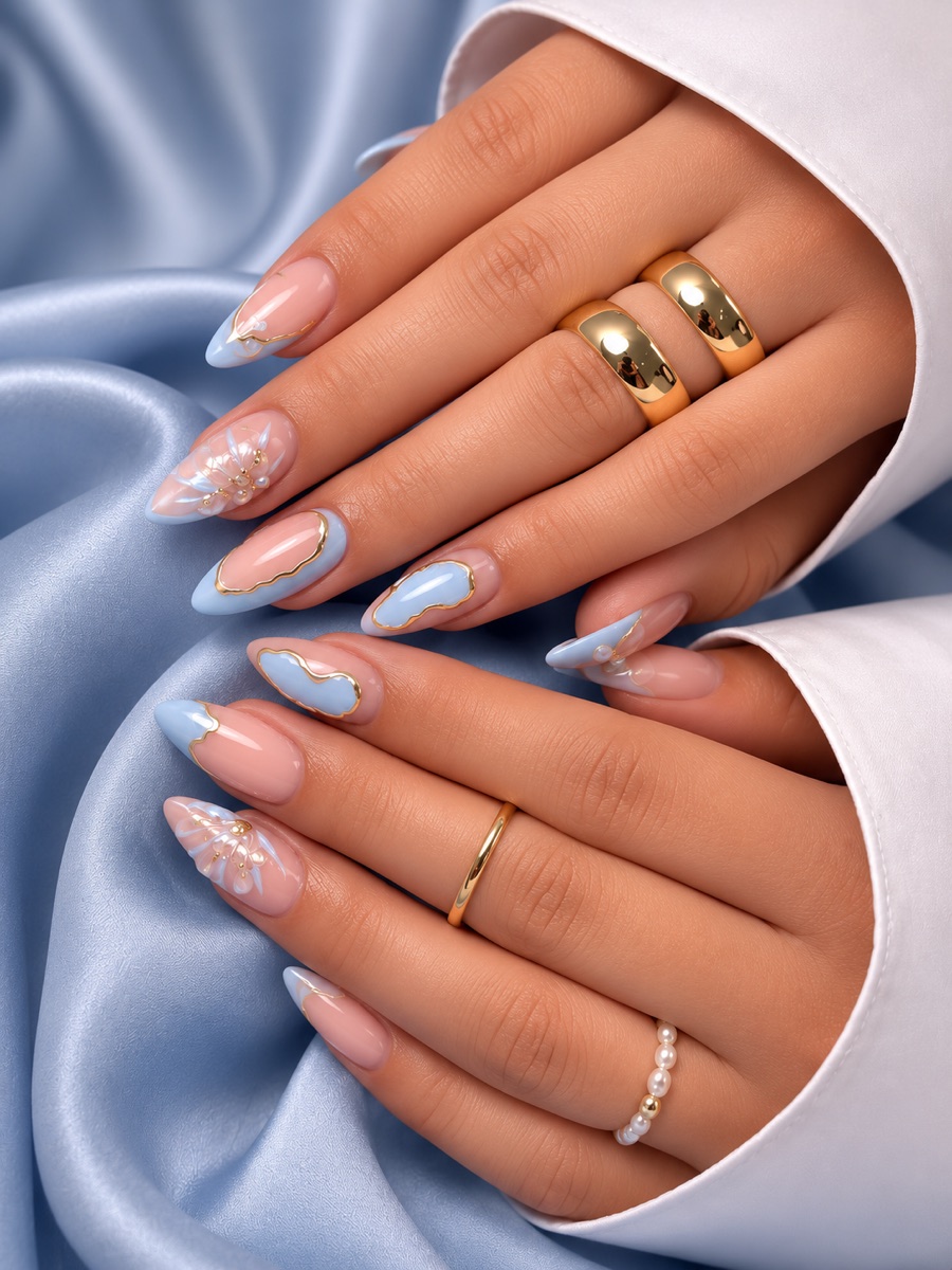 Hellblaues Nageldesign mit goldenen Details und Blüten